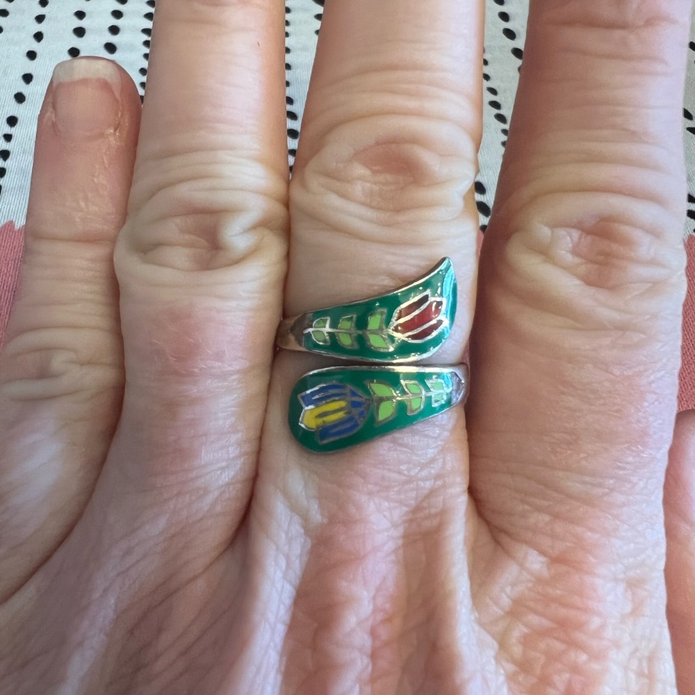 Sterling Silver Green Enamel flower Tulip Wrap Bypass Silver Ring 7.5